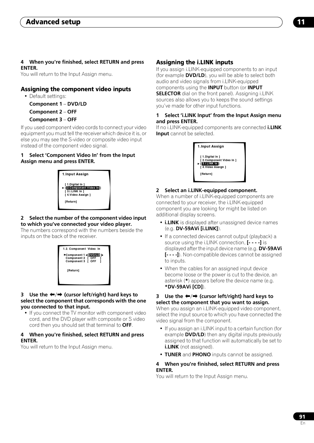 Pioneer VSX-59TXi operating instructions Advanced setup, Assigning the component video inputs, Assigning the i.LINK inputs 