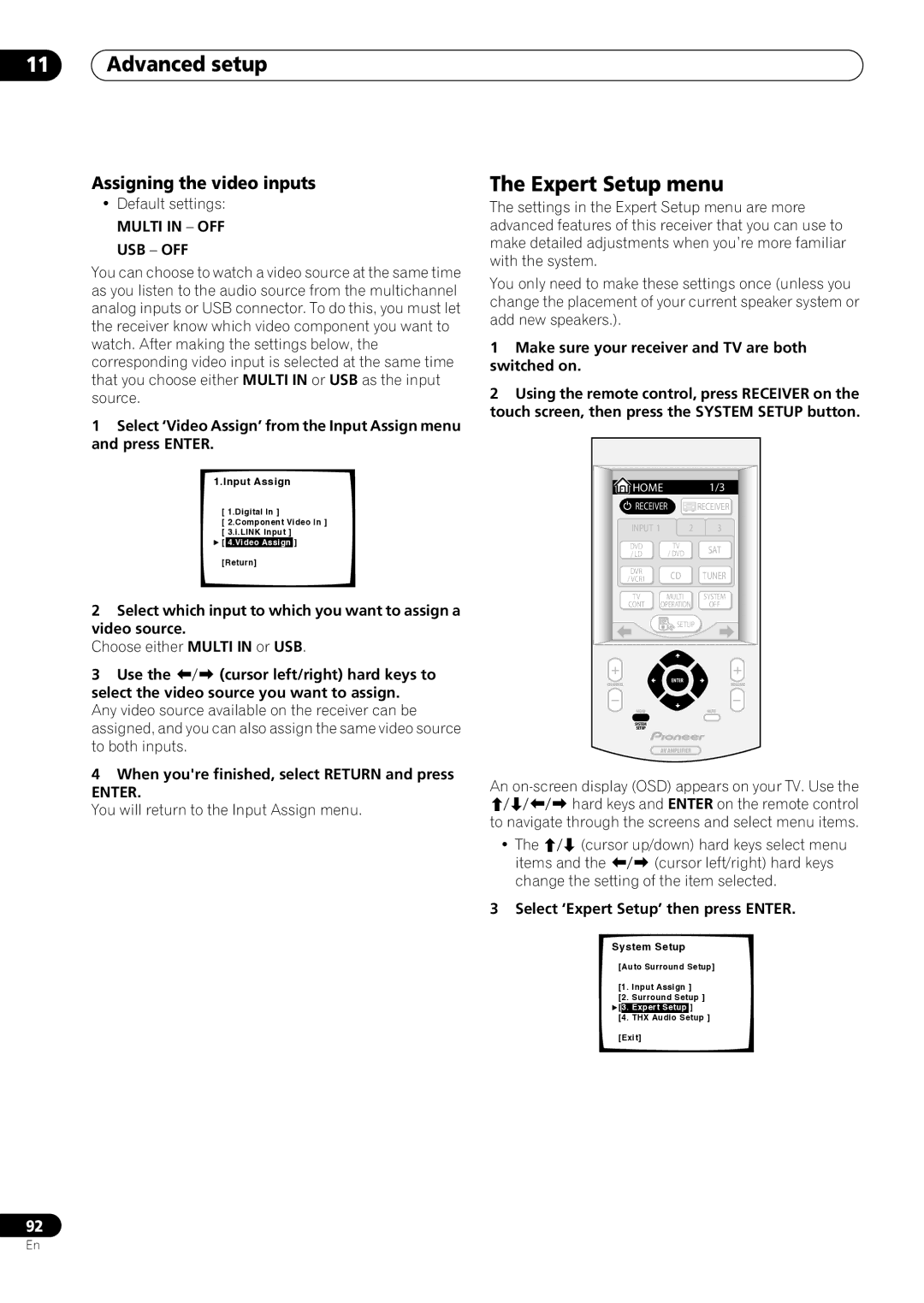 Pioneer VSX-59TXi operating instructions Expert Setup menu, Assigning the video inputs, Multi in OFF USB OFF 