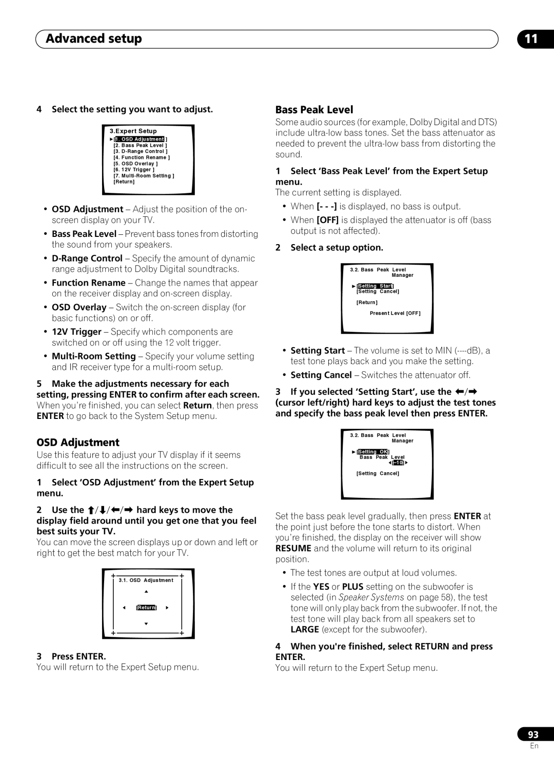 Pioneer VSX-59TXi operating instructions OSD Adjustment, Bass Peak Level 