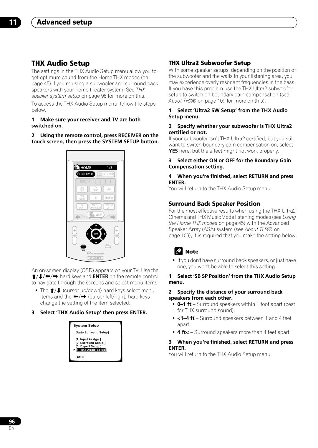 Pioneer VSX-59TXi Advanced setup THX Audio Setup, THX Ultra2 Subwoofer Setup, Surround Back Speaker Position 