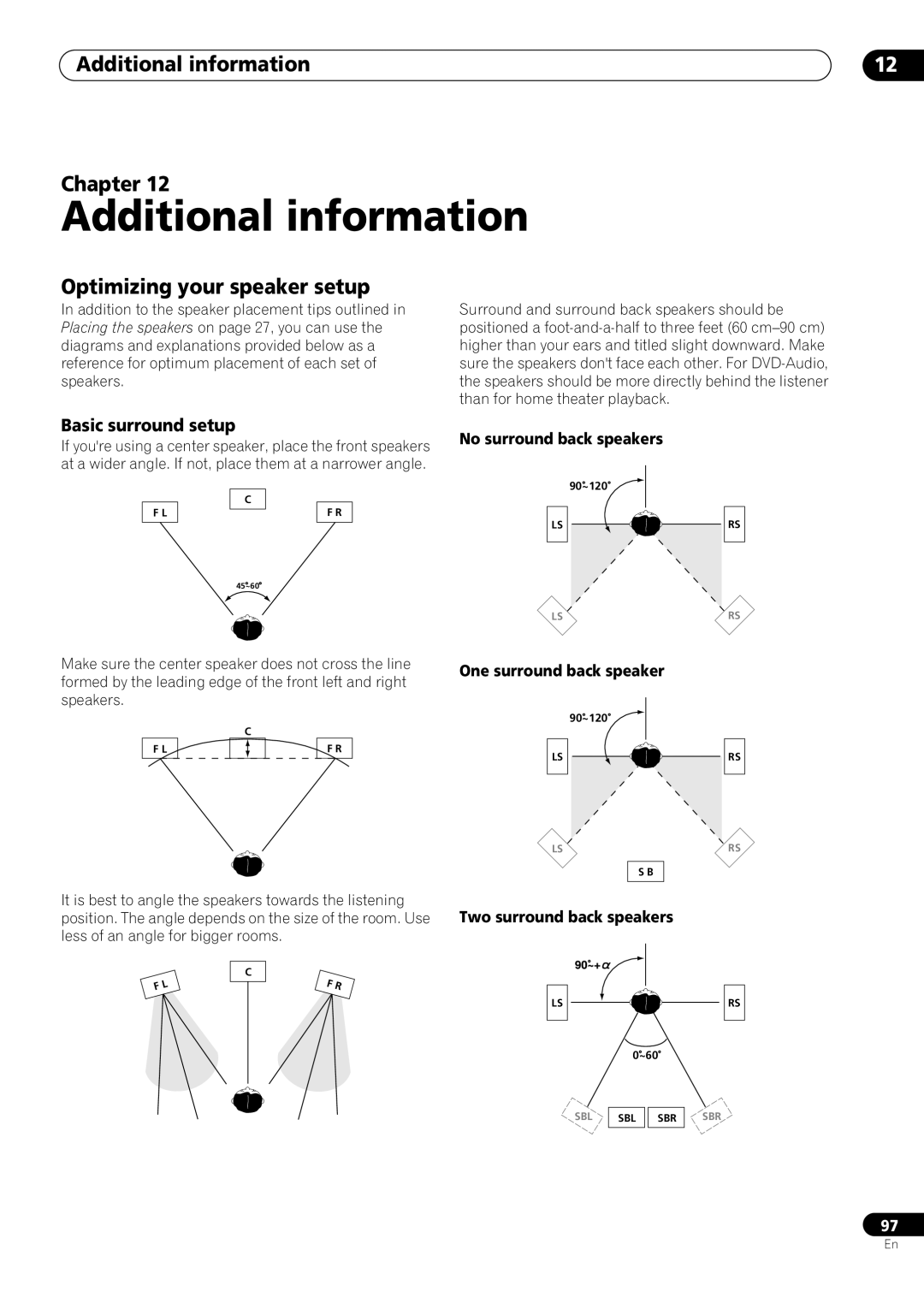 Pioneer VSX-59TXi Additional information Chapter, Optimizing your speaker setup, Basic surround setup 