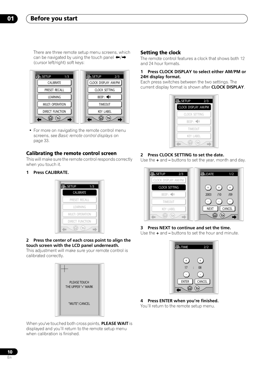 Pioneer VSX-59TXi operating instructions 01Before you start, Setting the clock, Calibrating the remote control screen 