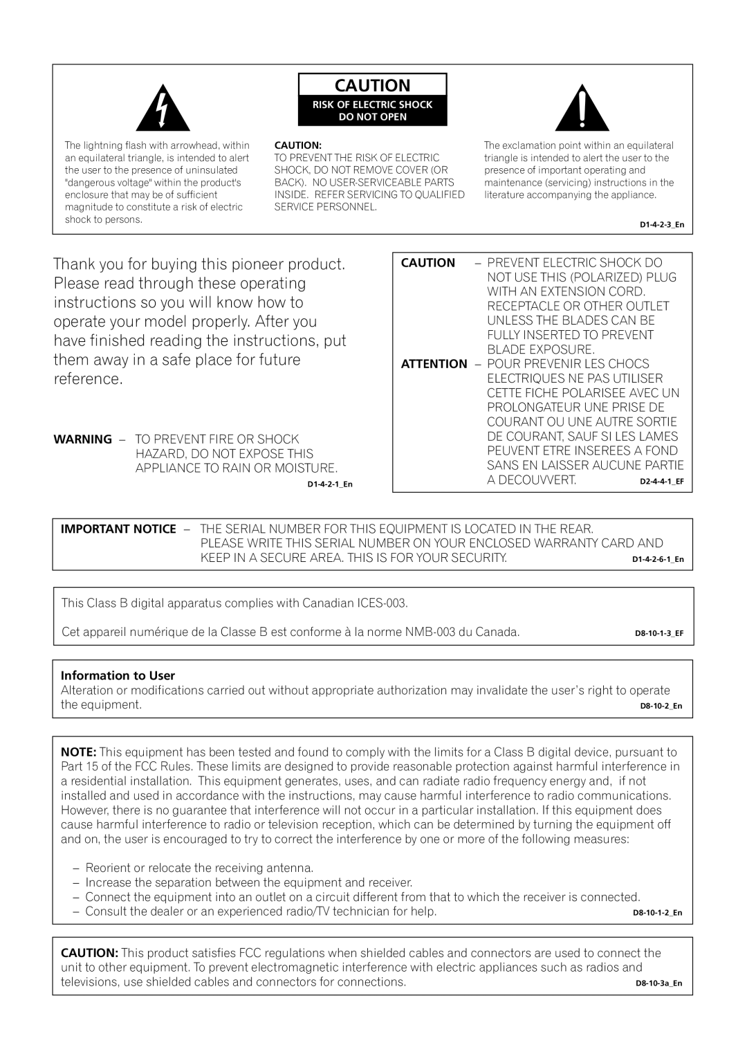 Pioneer VSX-59TXi operating instructions Information to User 