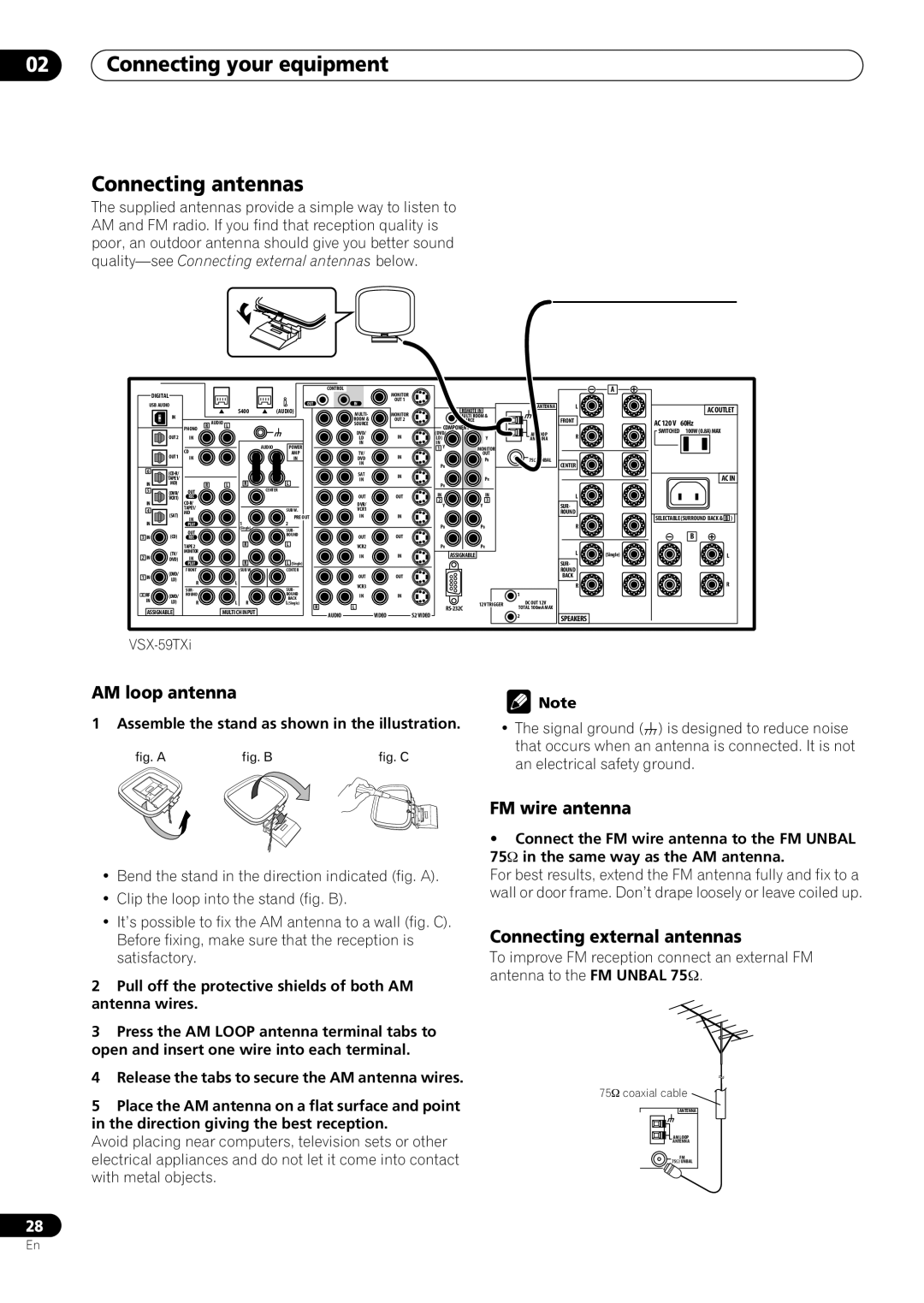 Pioneer VSX-59TXi operating instructions 02Connecting your equipment Connecting antennas, AM loop antenna, FM wire antenna 