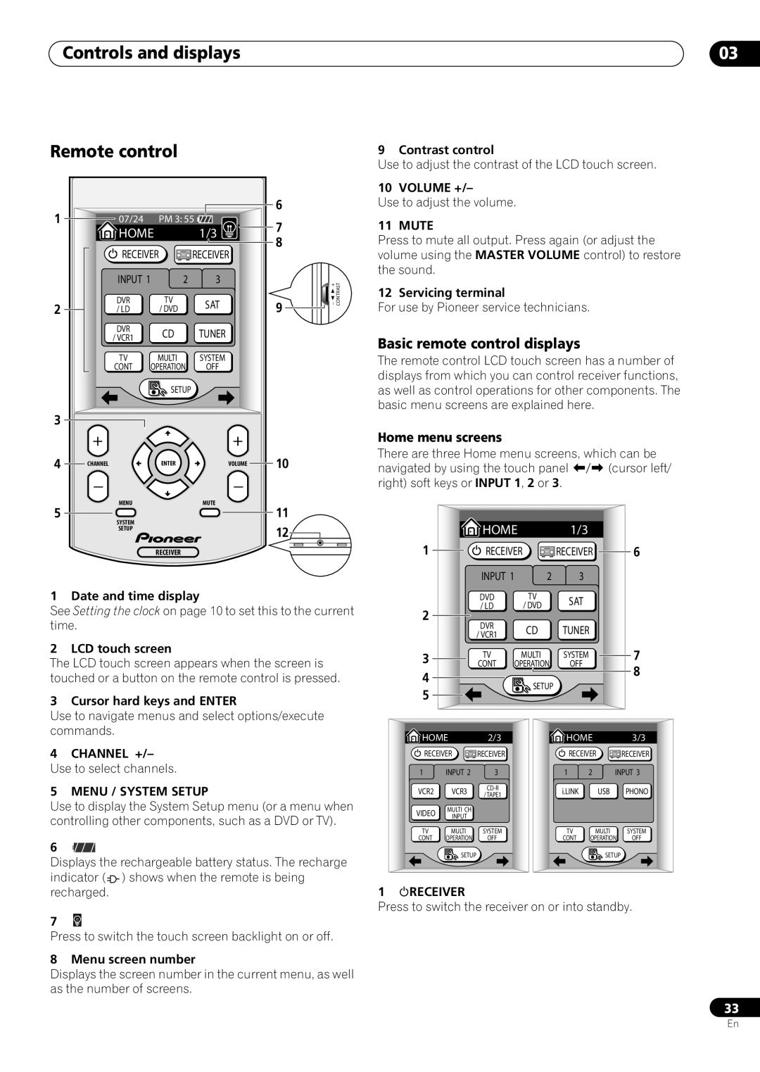 Pioneer VSX-59TXi operating instructions Basic remote control displays, Home menu screens 
