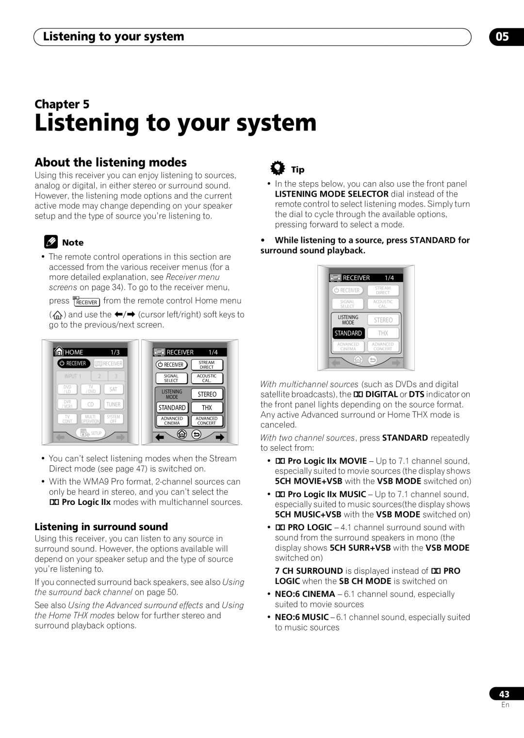 Pioneer VSX-59TXi Listening to your system, Chapter, About the listening modes, Listening in surround sound 