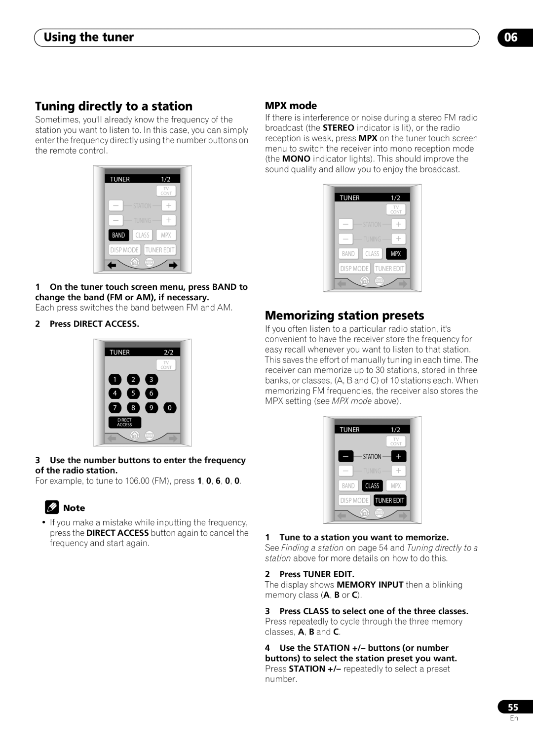 Pioneer VSX-59TXi operating instructions Using the tuner Tuning directly to a station, Memorizing station presets, MPX mode 