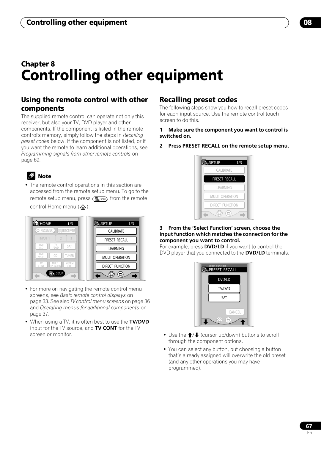 Pioneer VSX-59TXi Controlling other equipment, Using the remote control with other components, Recalling preset codes 