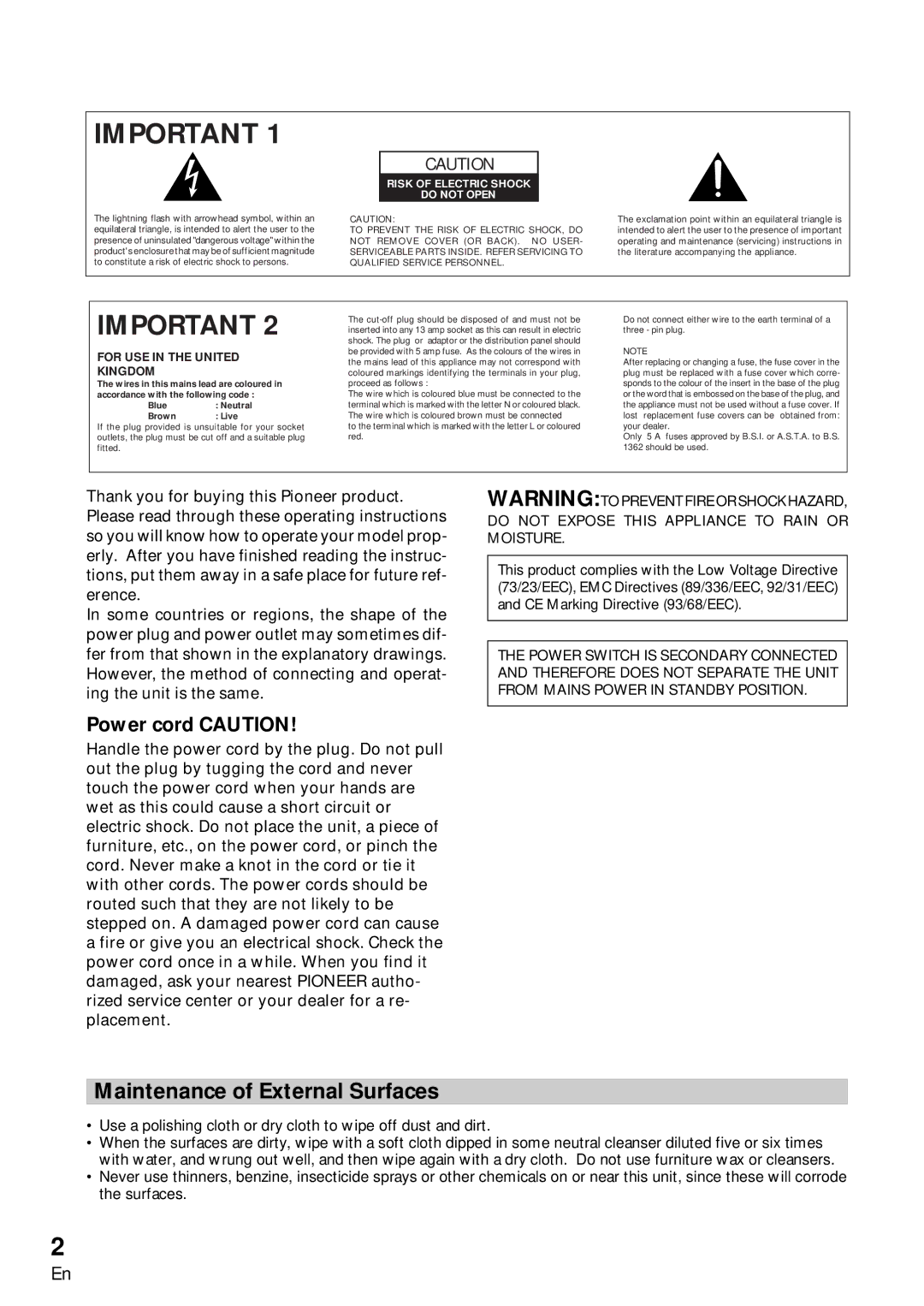 Pioneer VSX-709RDS, VSX-609RDS manual Maintenance of External Surfaces, Power cord Caution 