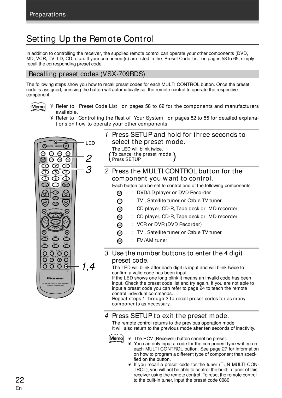 Pioneer manual Setting Up the Remote Control, Recalling preset codes VSX-709RDS, Press Setup to exit the preset mode 