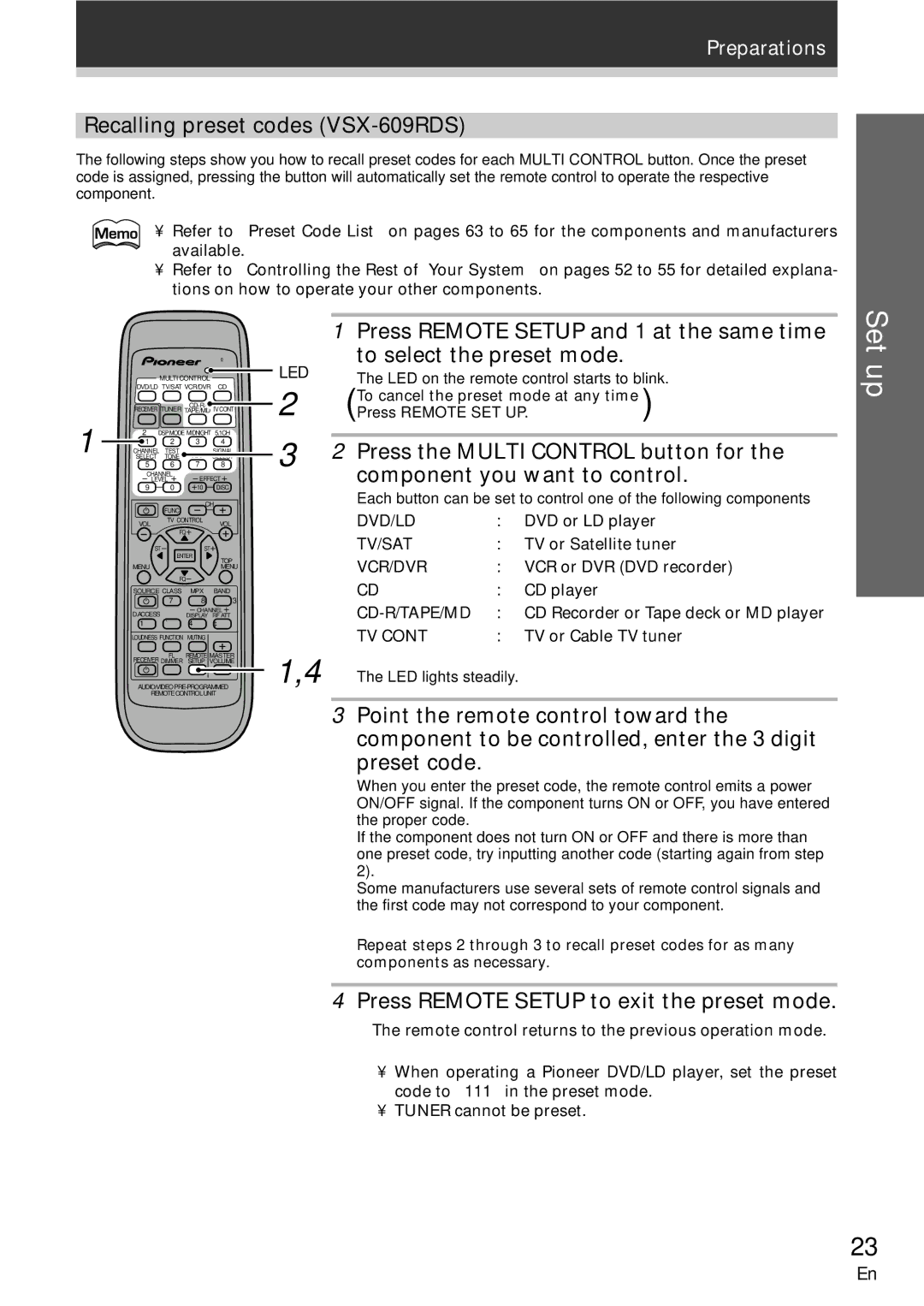 Pioneer VSX-709RDS manual Recalling preset codes VSX-609RDS, Press Remote Setup to exit the preset mode 