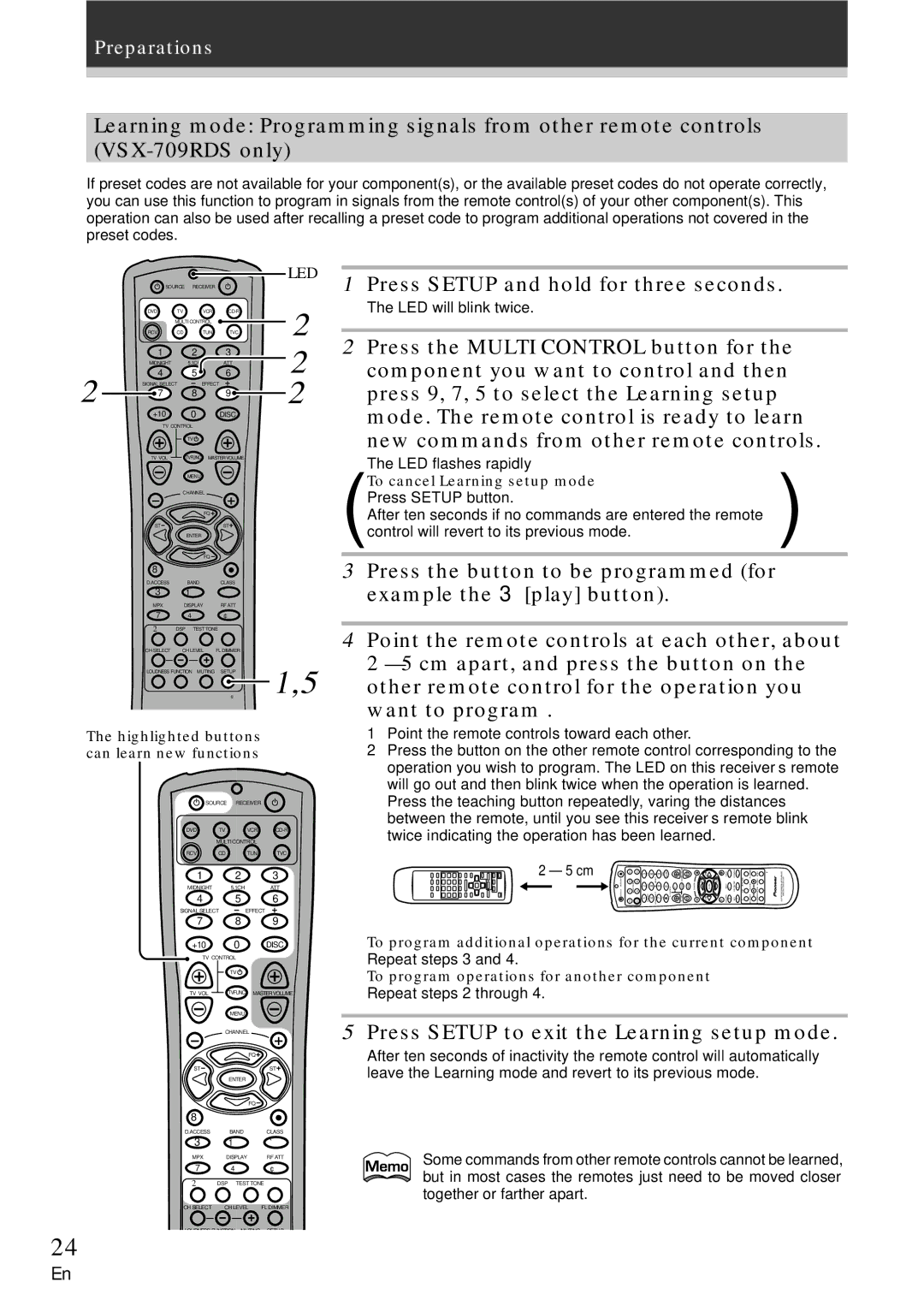 Pioneer VSX-709RDS, VSX-609RDS Press Setup to exit the Learning setup mode, Highlighted buttons can learn new functions 