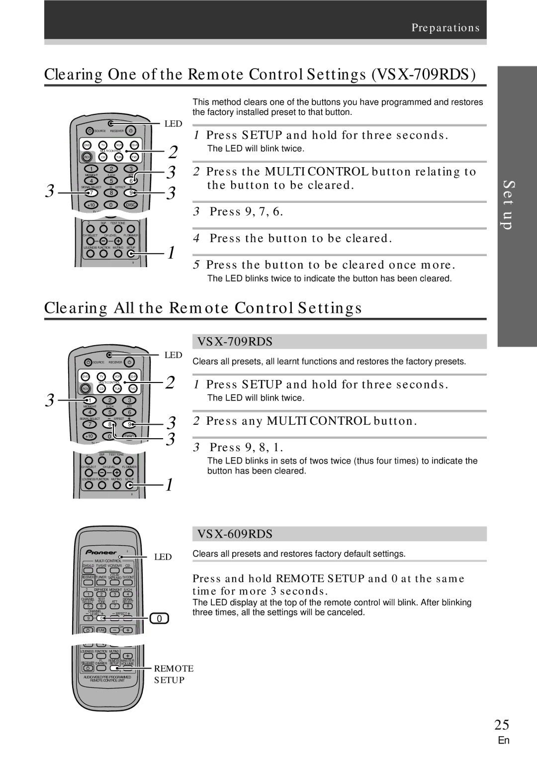 Pioneer VSX-609RDS manual Clearing One of the Remote Control Settings VSX-709RDS, Clearing All the Remote Control Settings 