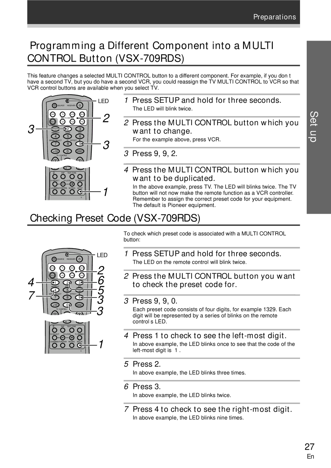 Pioneer VSX-609RDS manual Checking Preset Code VSX-709RDS, LED 1 Press Setup and hold for three seconds 