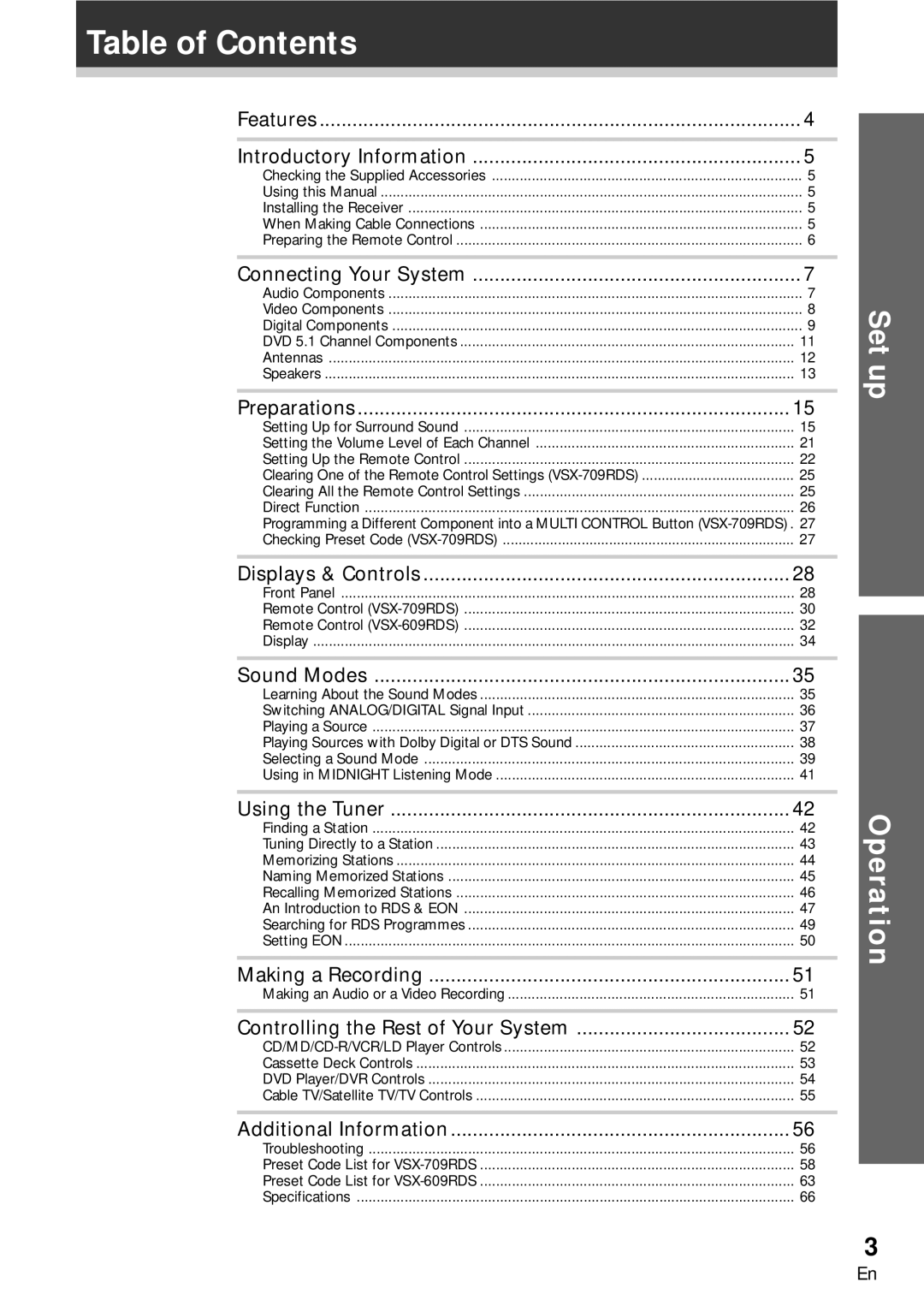 Pioneer VSX-609RDS, VSX-709RDS manual Table of Contents 