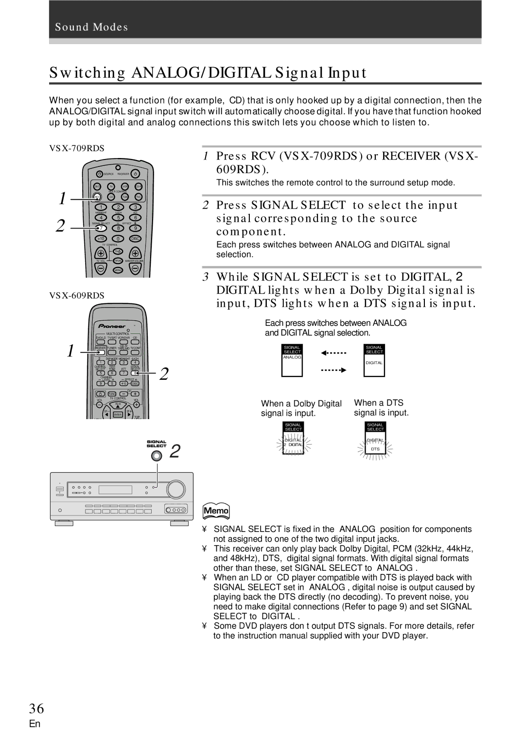 Pioneer VSX-609RDS manual Switching ANALOG/DIGITAL Signal Input, Press RCV VSX-709RDS or Receiver VSX- 609RDS 