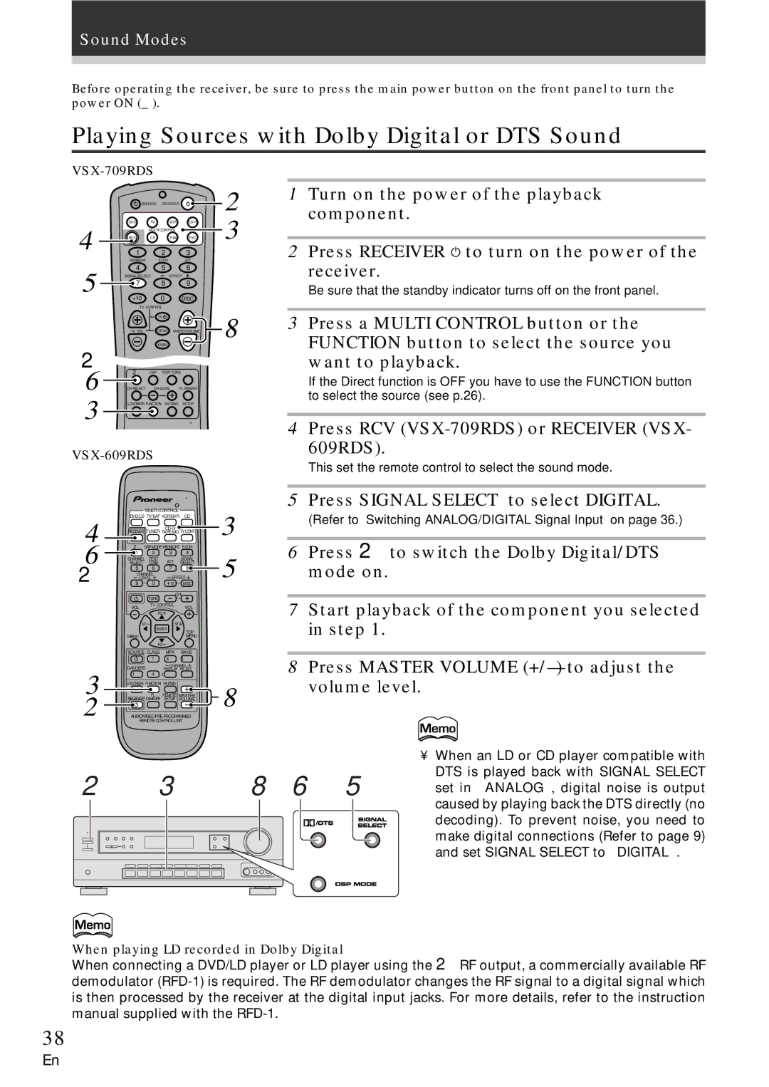 Pioneer VSX-709RDS, VSX-609RDS manual Playing Sources with Dolby Digital or DTS Sound 