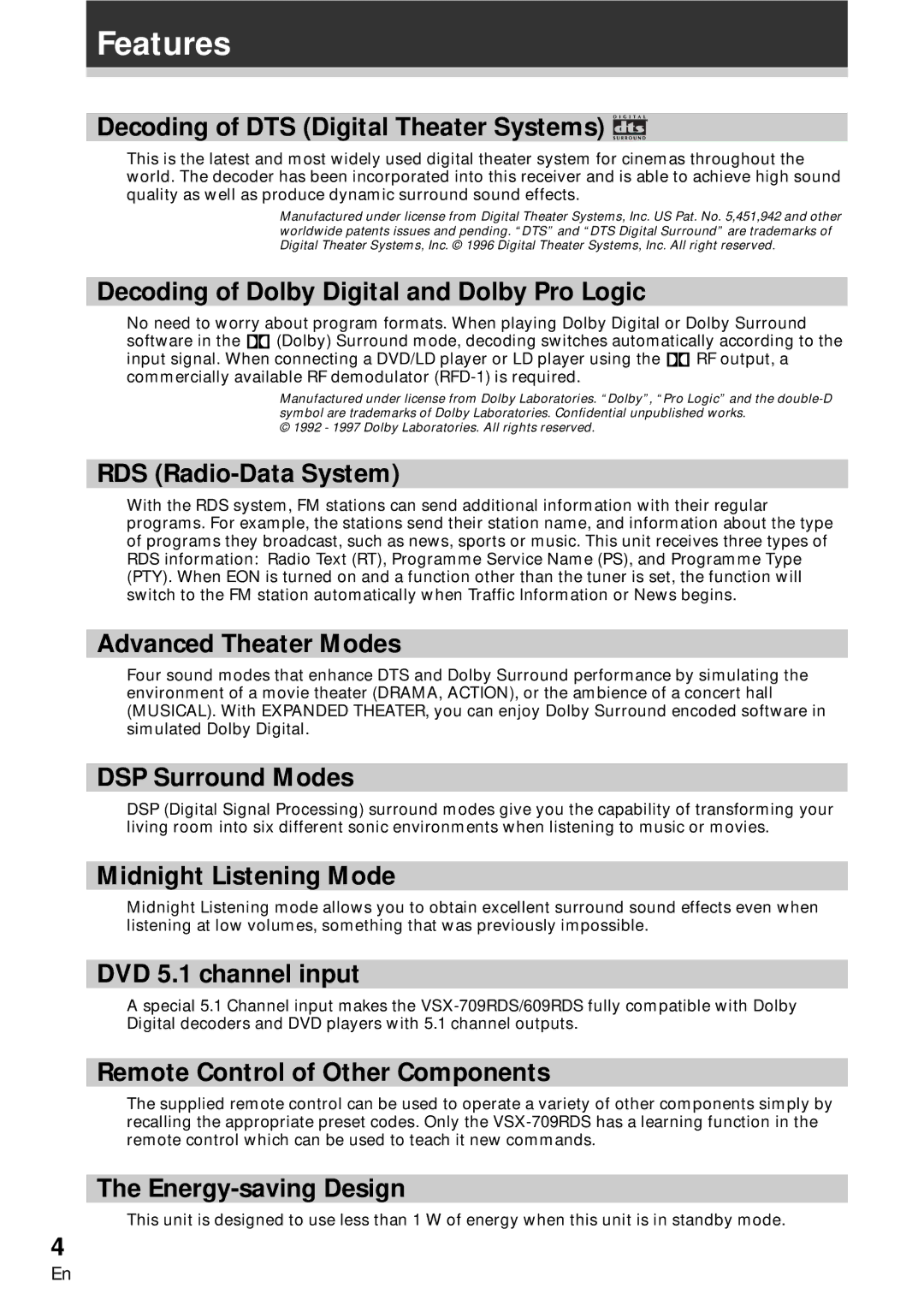 Pioneer VSX-709RDS, VSX-609RDS manual Features, Decoding of DTS Digital Theater Systems 