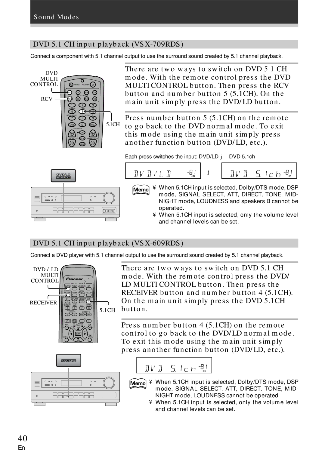 Pioneer VSX-609RDS manual DVD 5.1 CH input playback VSX-709RDS, Press number button 5 5.1CH on the remote, 1CH button 