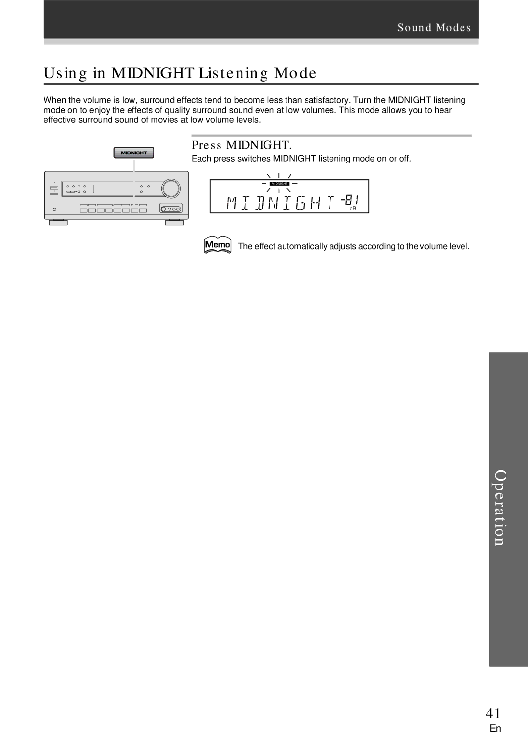 Pioneer VSX-609RDS, VSX-709RDS manual Using in Midnight Listening Mode, Press Midnight 