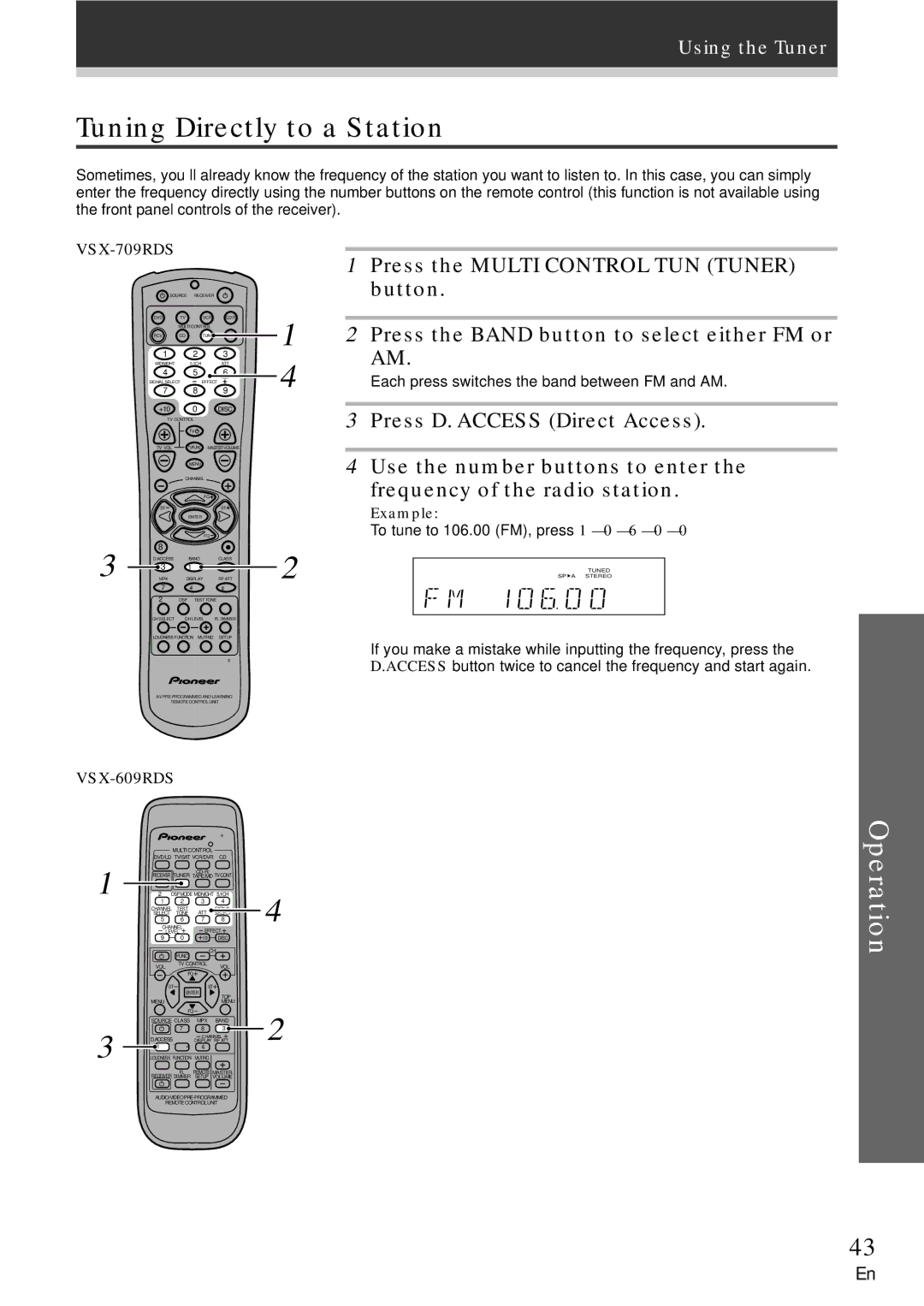 Pioneer VSX-609RDS, VSX-709RDS manual Tuning Directly to a Station, Example 