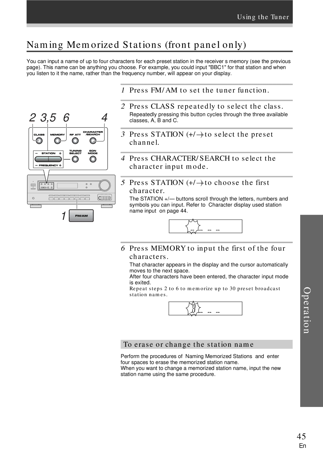 Pioneer VSX-609RDS Naming Memorized Stations front panel only, Press Memory to input the first of the four Characters 