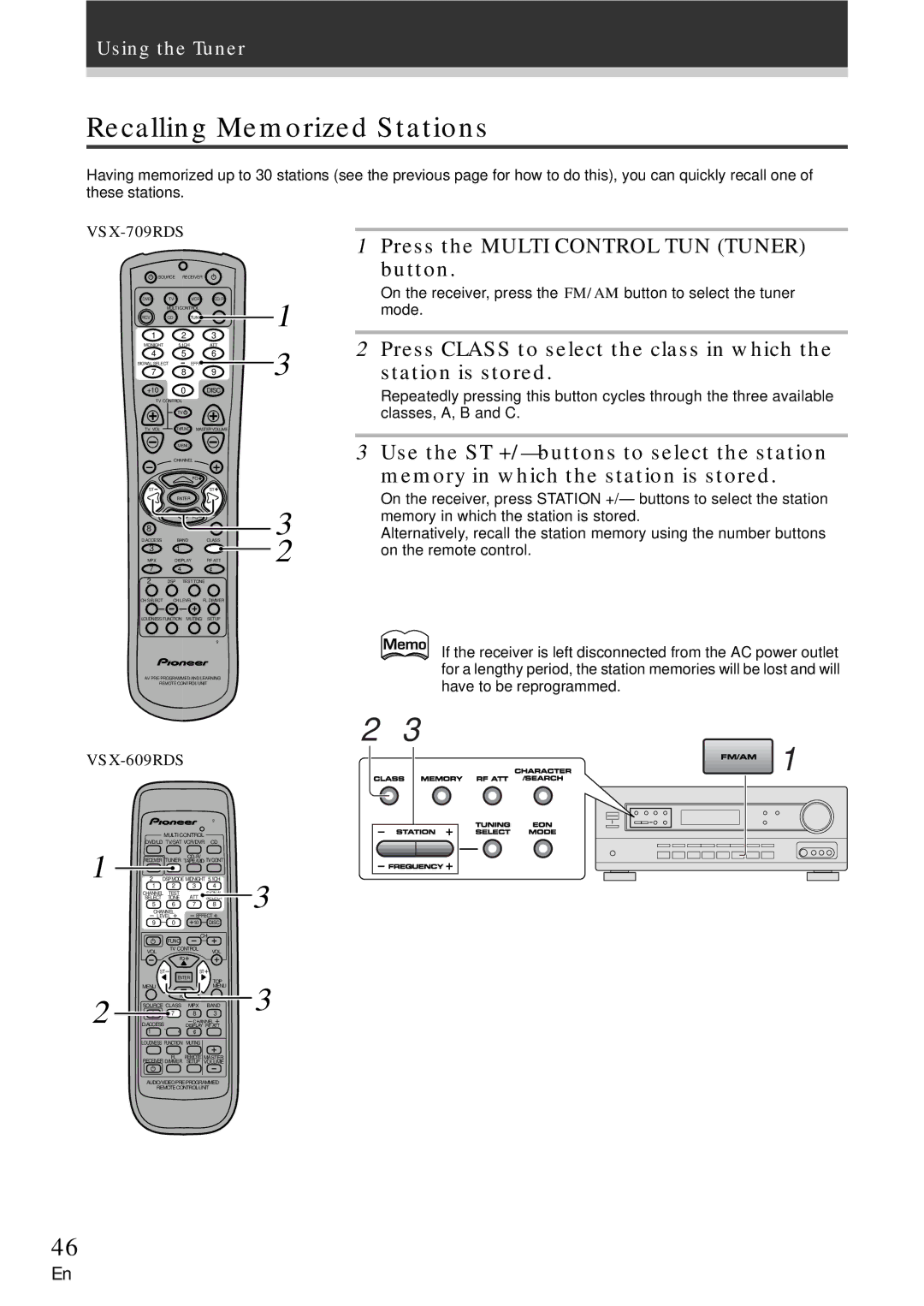 Pioneer VSX-709RDS, VSX-609RDS Recalling Memorized Stations, Press Class to select the class in which Station is stored 