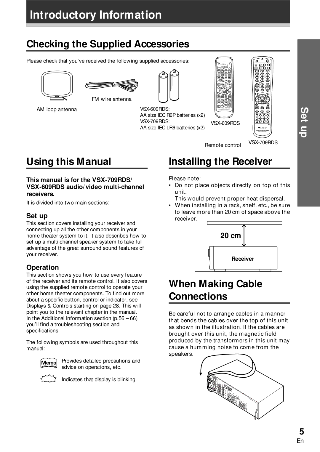 Pioneer VSX-609RDS Introductory Information, Checking the Supplied Accessories, Using this Manual, Installing the Receiver 