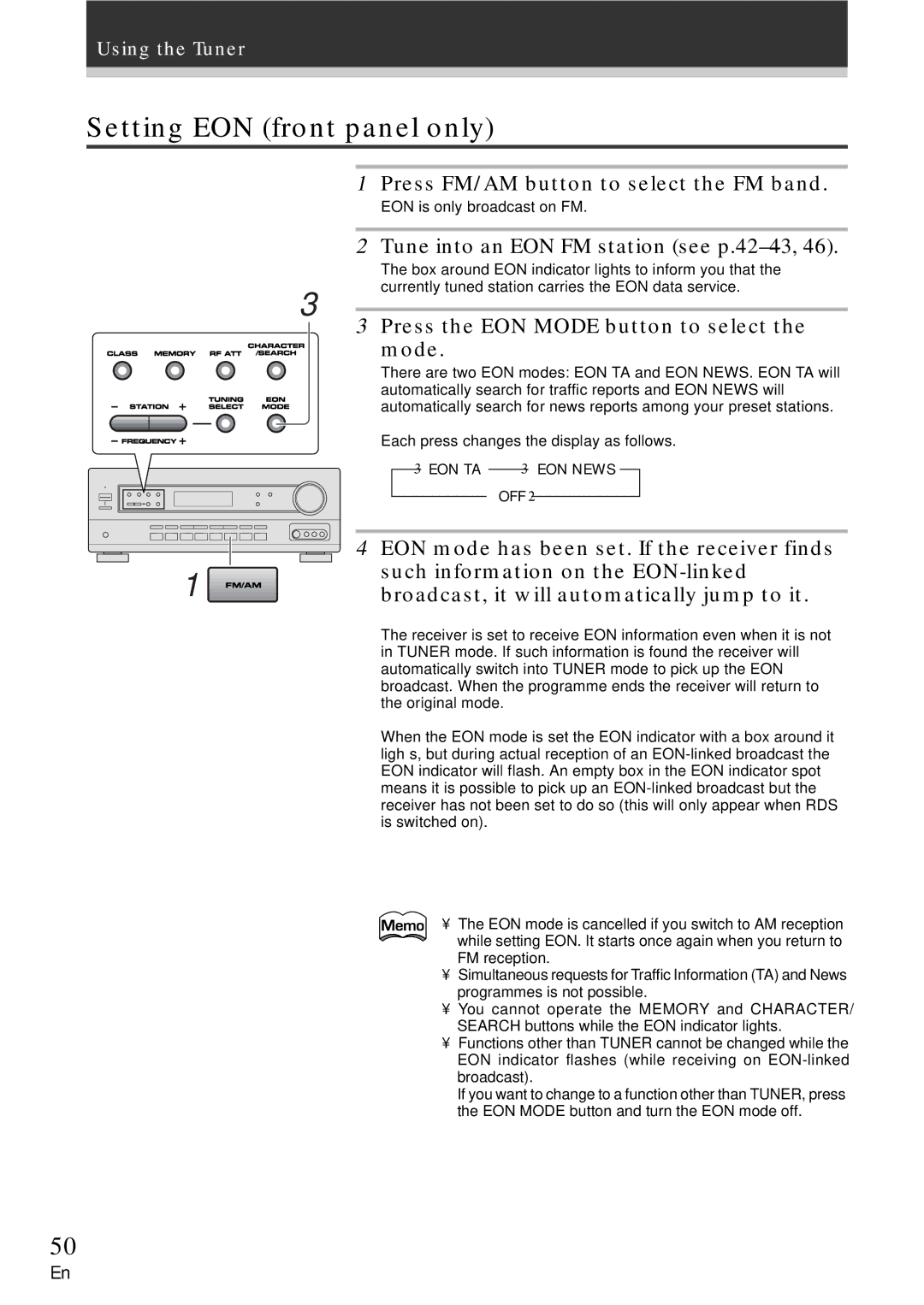 Pioneer VSX-709RDS, VSX-609RDS Setting EON front panel only, Tune into an EON FM station see p.42-43, EON TA 3 EON News 