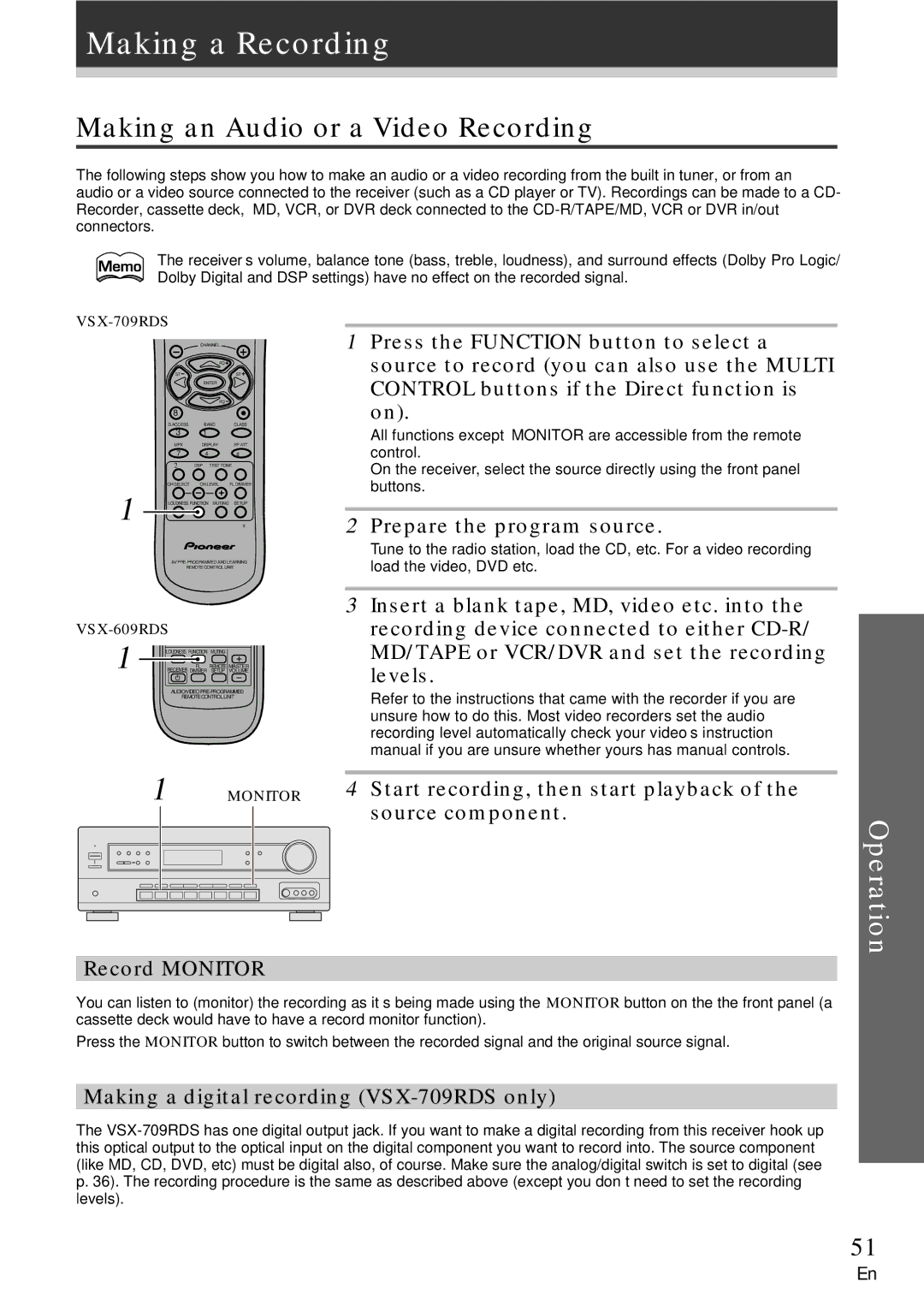 Pioneer VSX-609RDS Making a Recording, Making an Audio or a Video Recording, Prepare the program source, Record Monitor 