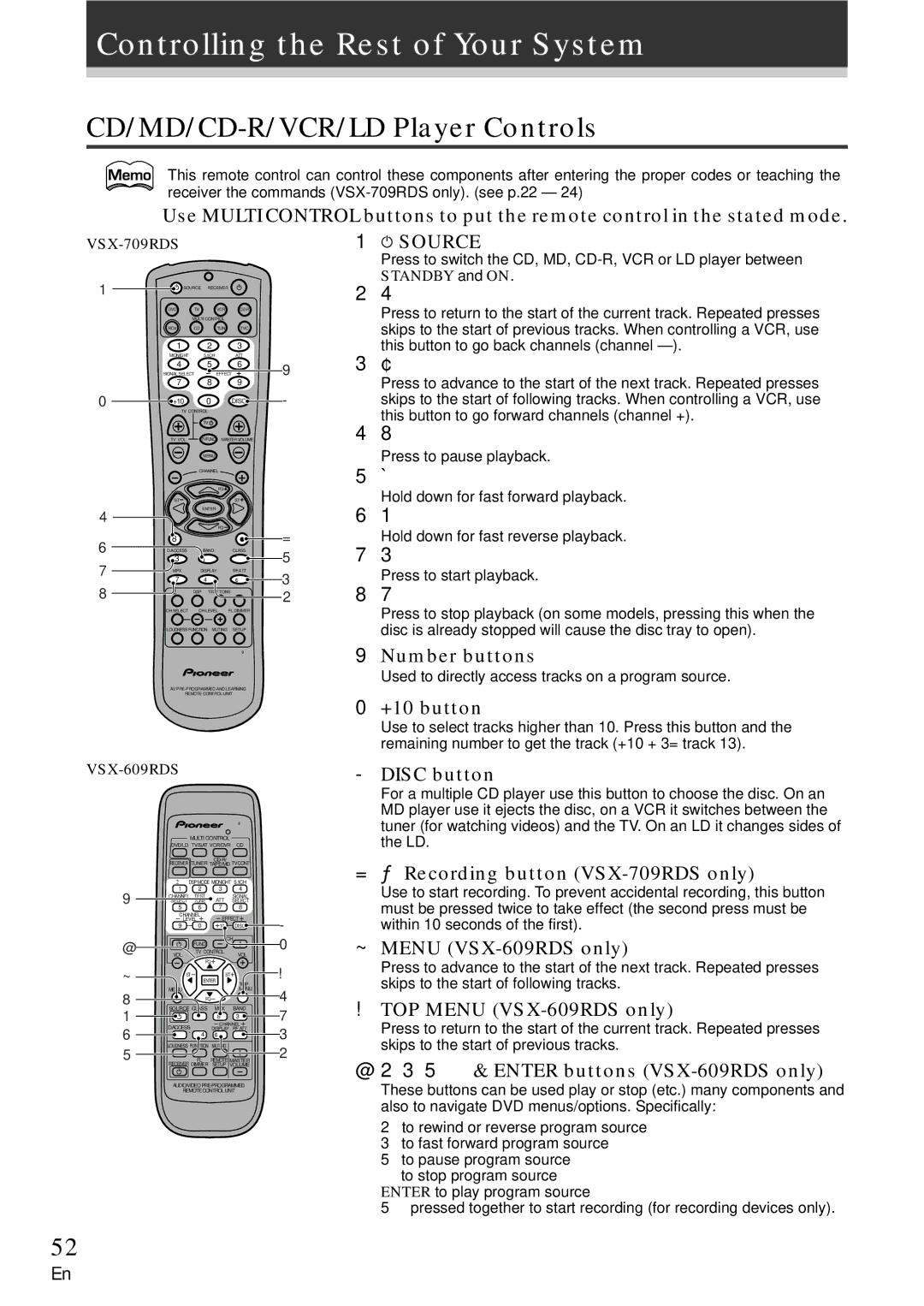 Pioneer VSX-709RDS, VSX-609RDS manual Controlling the Rest of Your System, CD/MD/CD-R/VCR/LD Player Controls 