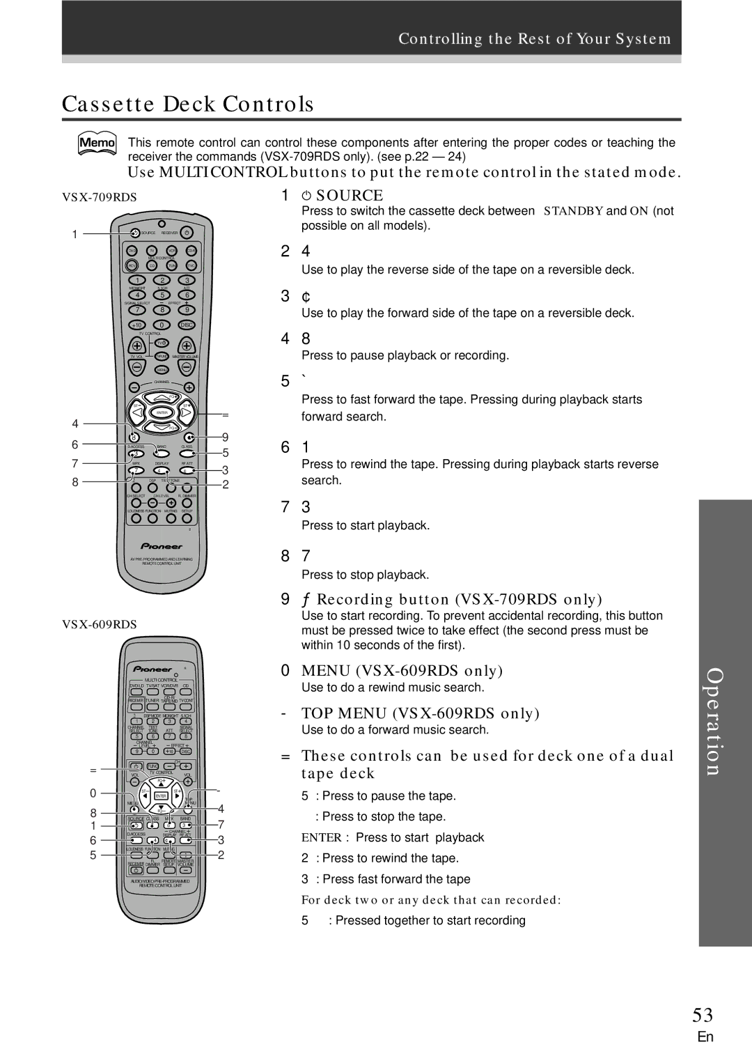 Pioneer manual Cassette Deck Controls, Recording button VSX-709RDS only, Menu VSX-609RDS only, Tape deck 