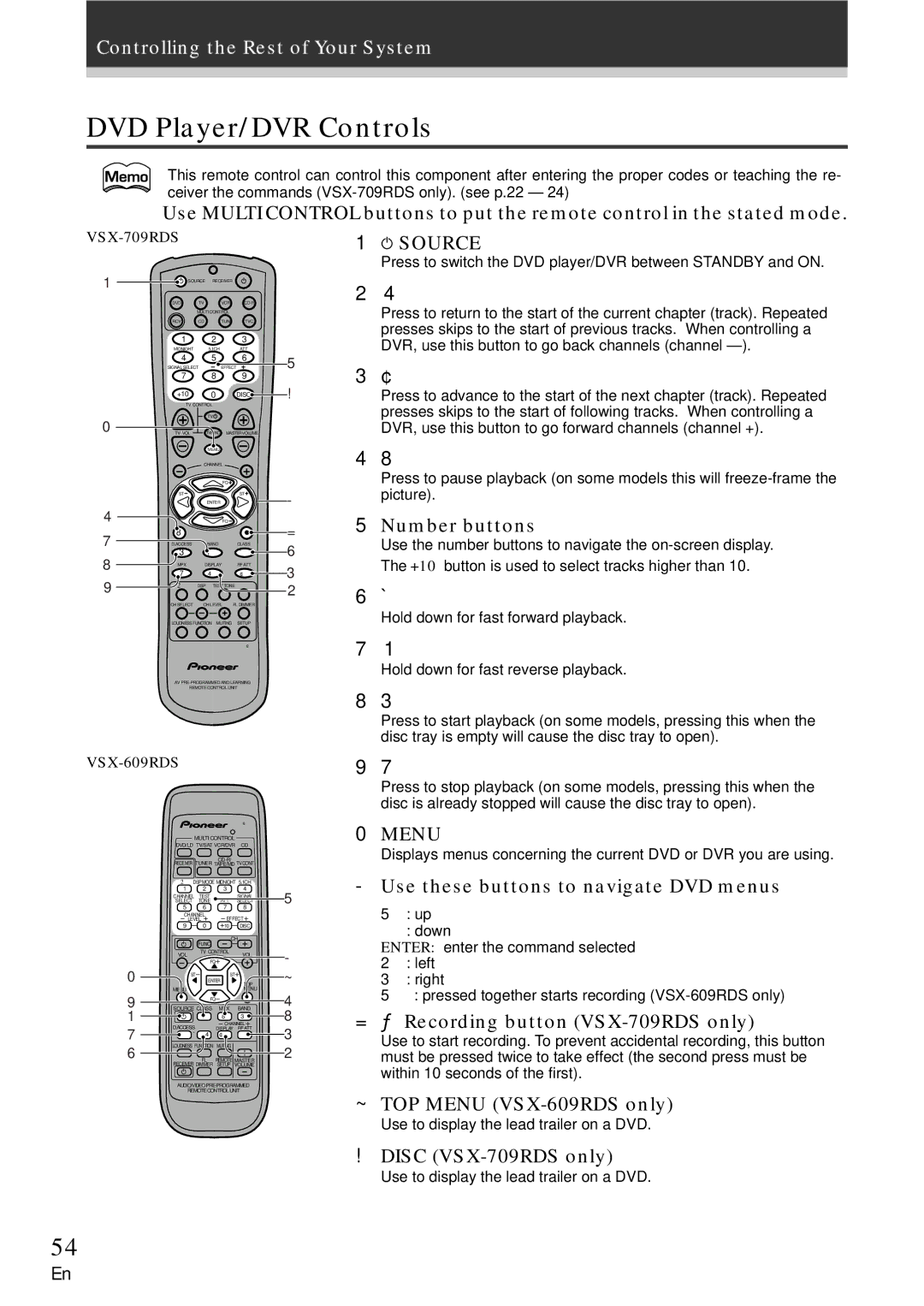 Pioneer VSX-709RDS, VSX-609RDS manual DVD Player/DVR Controls, = 5 Number buttons, Use these buttons to navigate DVD menus 