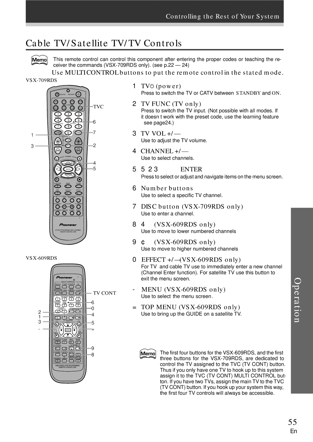 Pioneer VSX-609RDS, VSX-709RDS manual Cable TV/Satellite TV/TV Controls 