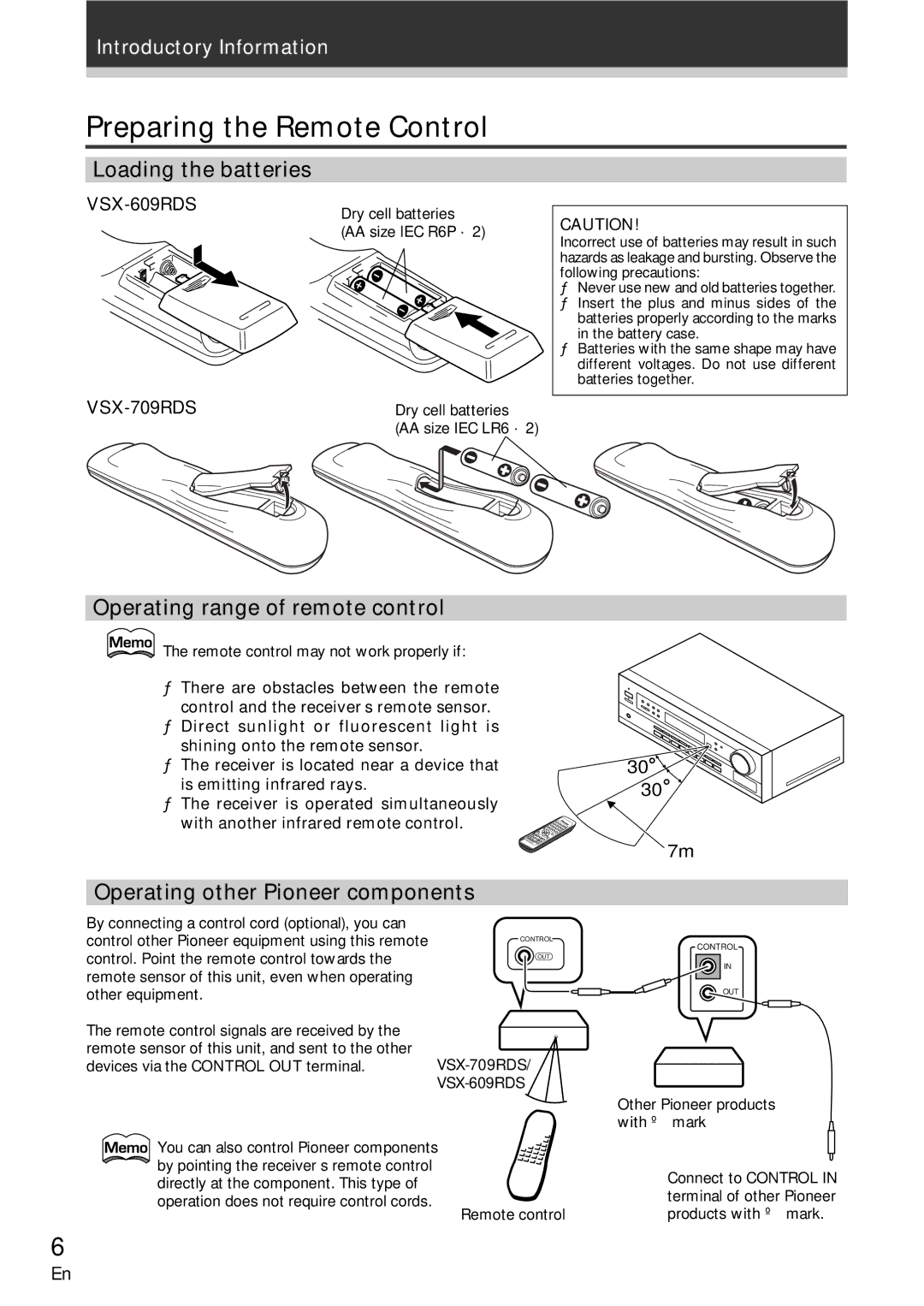 Pioneer VSX-709RDS, VSX-609RDS manual Preparing the Remote Control, Loading the batteries, Operating range of remote control 