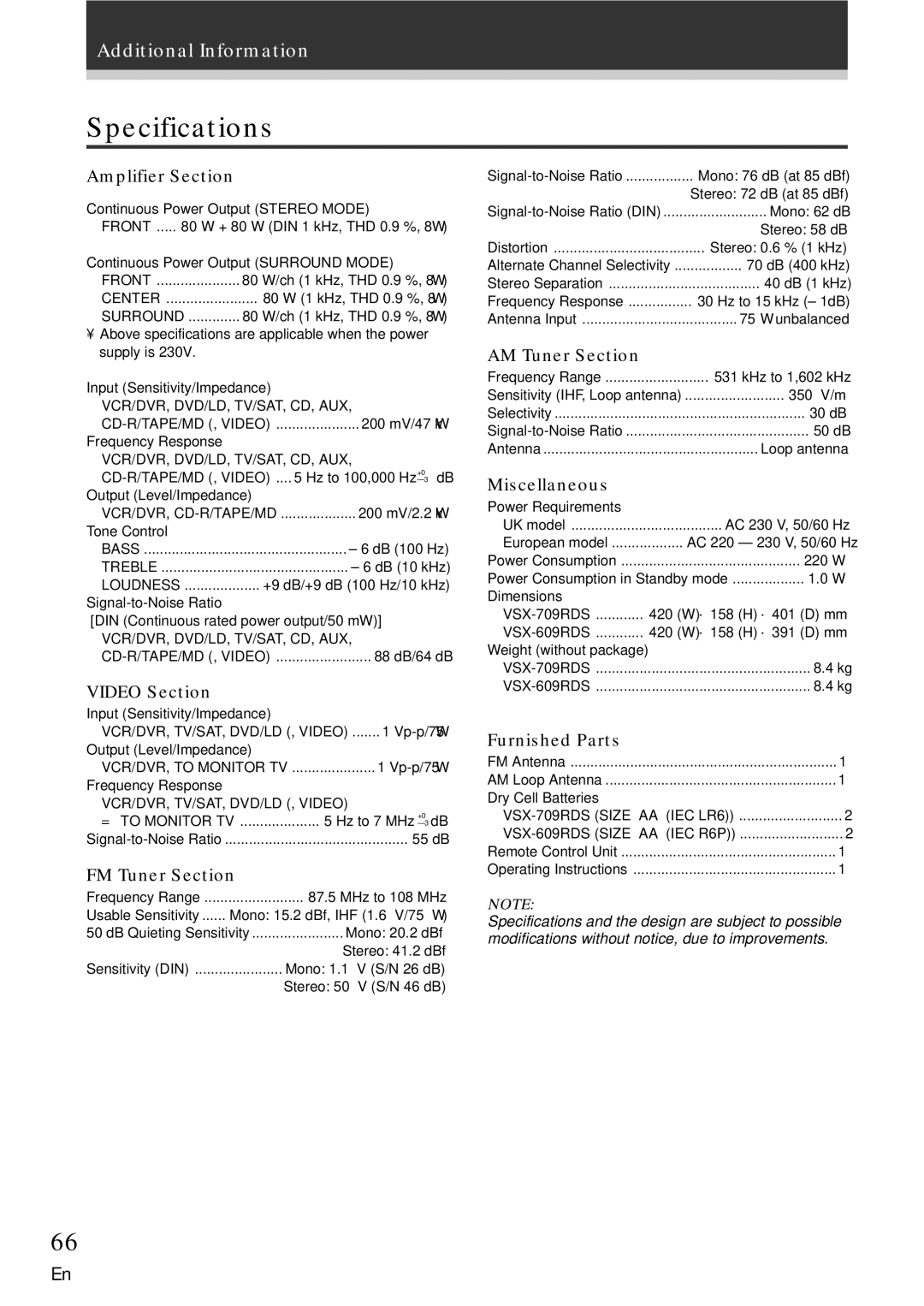 Pioneer VSX-709RDS, VSX-609RDS manual Specifications 