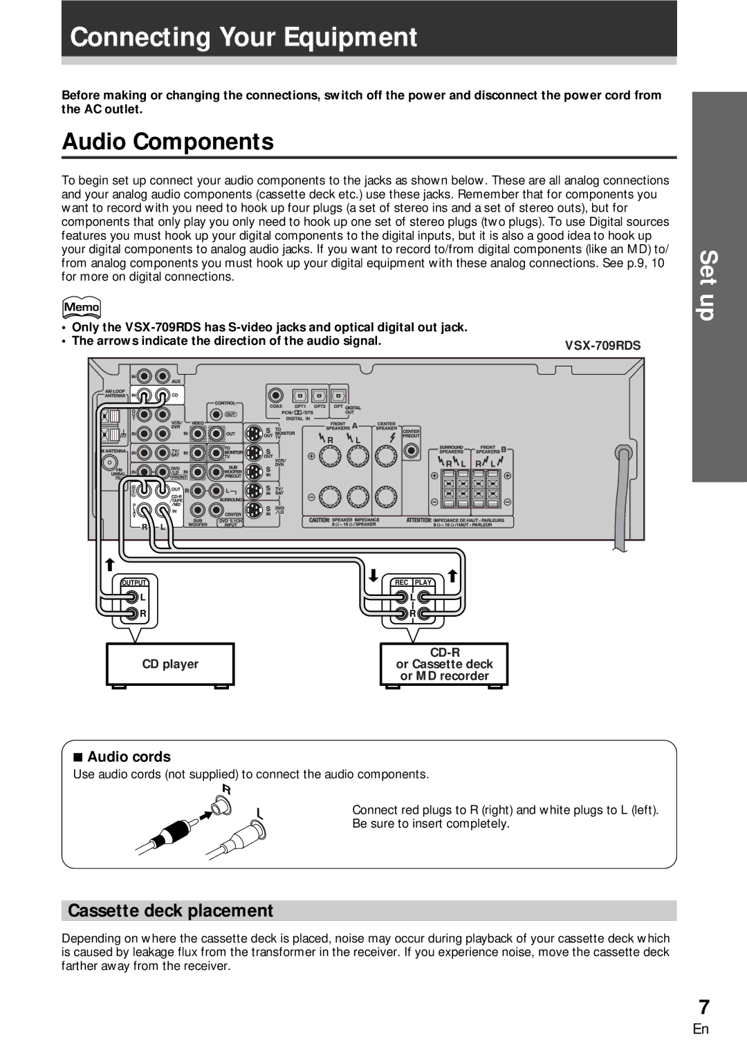 Pioneer VSX-609RDS, VSX-709RDS manual Connecting Your Equipment, Audio Components, Cassette deck placement, Audio cords 