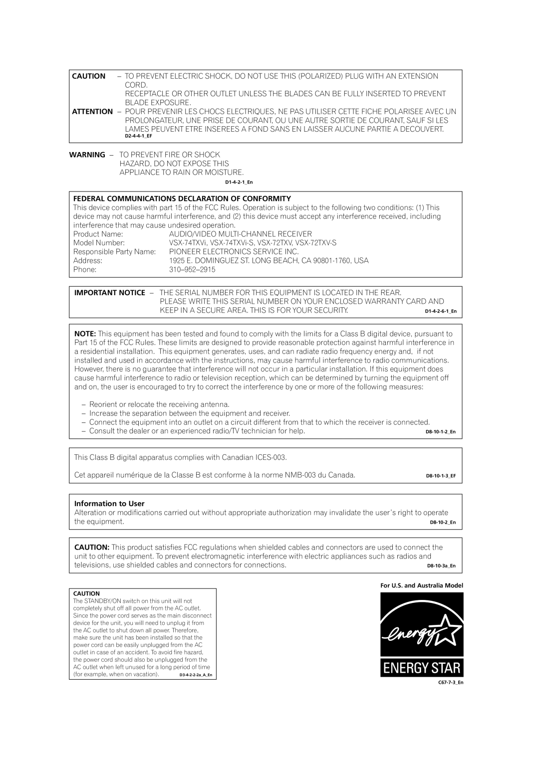 Pioneer VSX-74TXVi-S, VSX-74TXVI Federal Communications Declaration of Conformity, Address, Phone, Information to User 