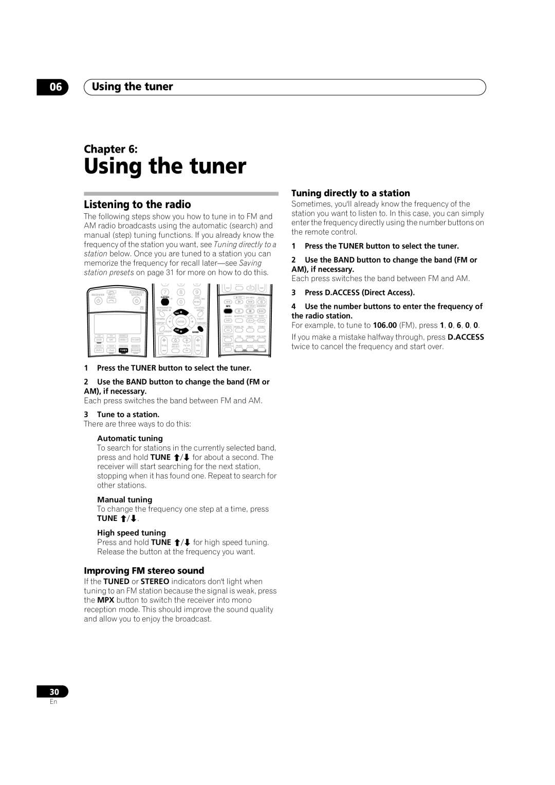 Pioneer VSX-74TXVi-S, VSX-74TXVI, VSX-72TXV Using the tuner Chapter, Listening to the radio, Improving FM stereo sound 