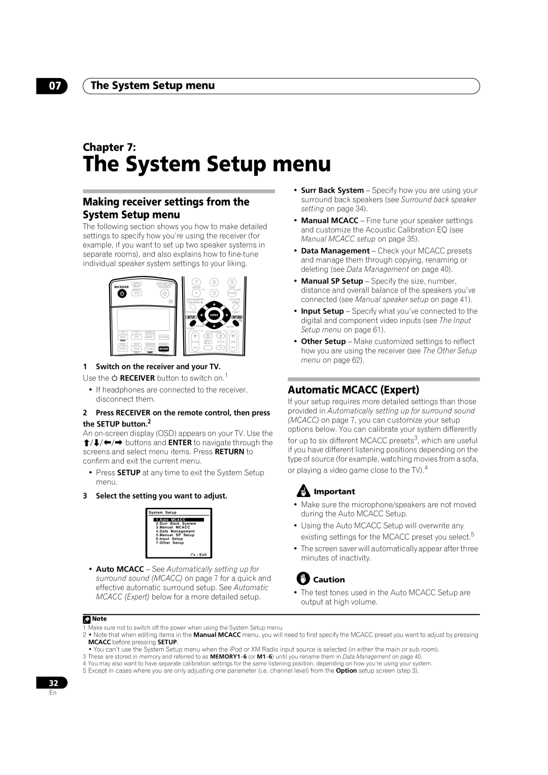 Pioneer VSX-74TXVI, VSX-72TXV manual System Setup menu Chapter, Making receiver settings from the System Setup menu 