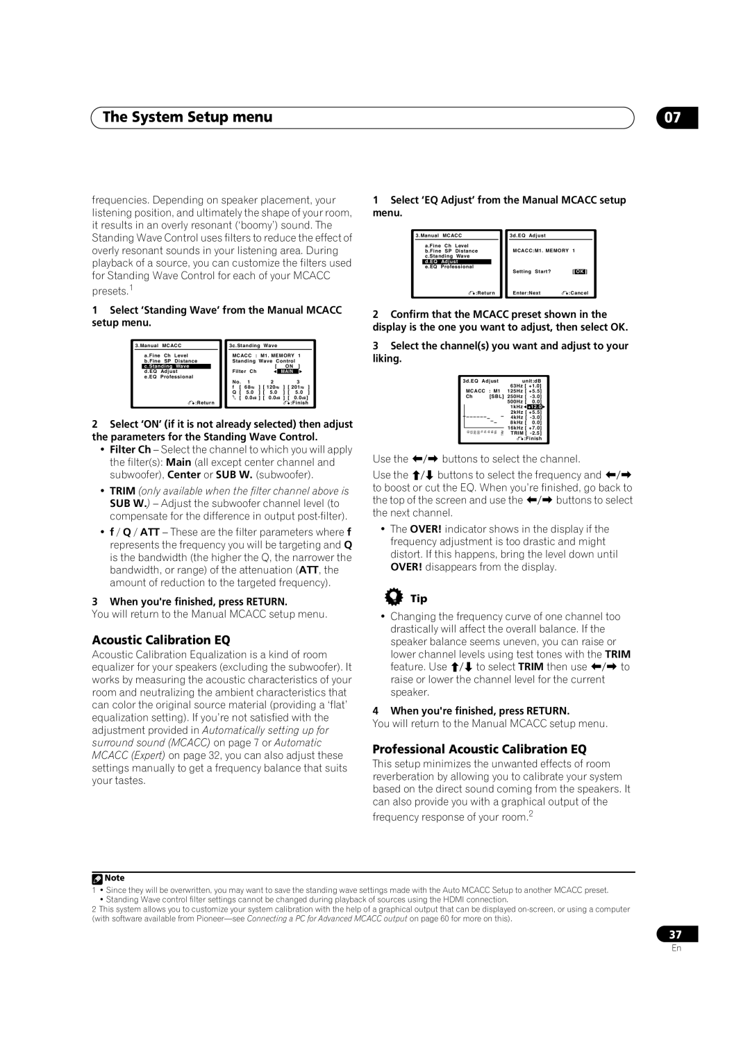 Pioneer VSX-72TXV manual Professional Acoustic Calibration EQ, Select ‘Standing Wave’ from the Manual Mcacc setup menu 