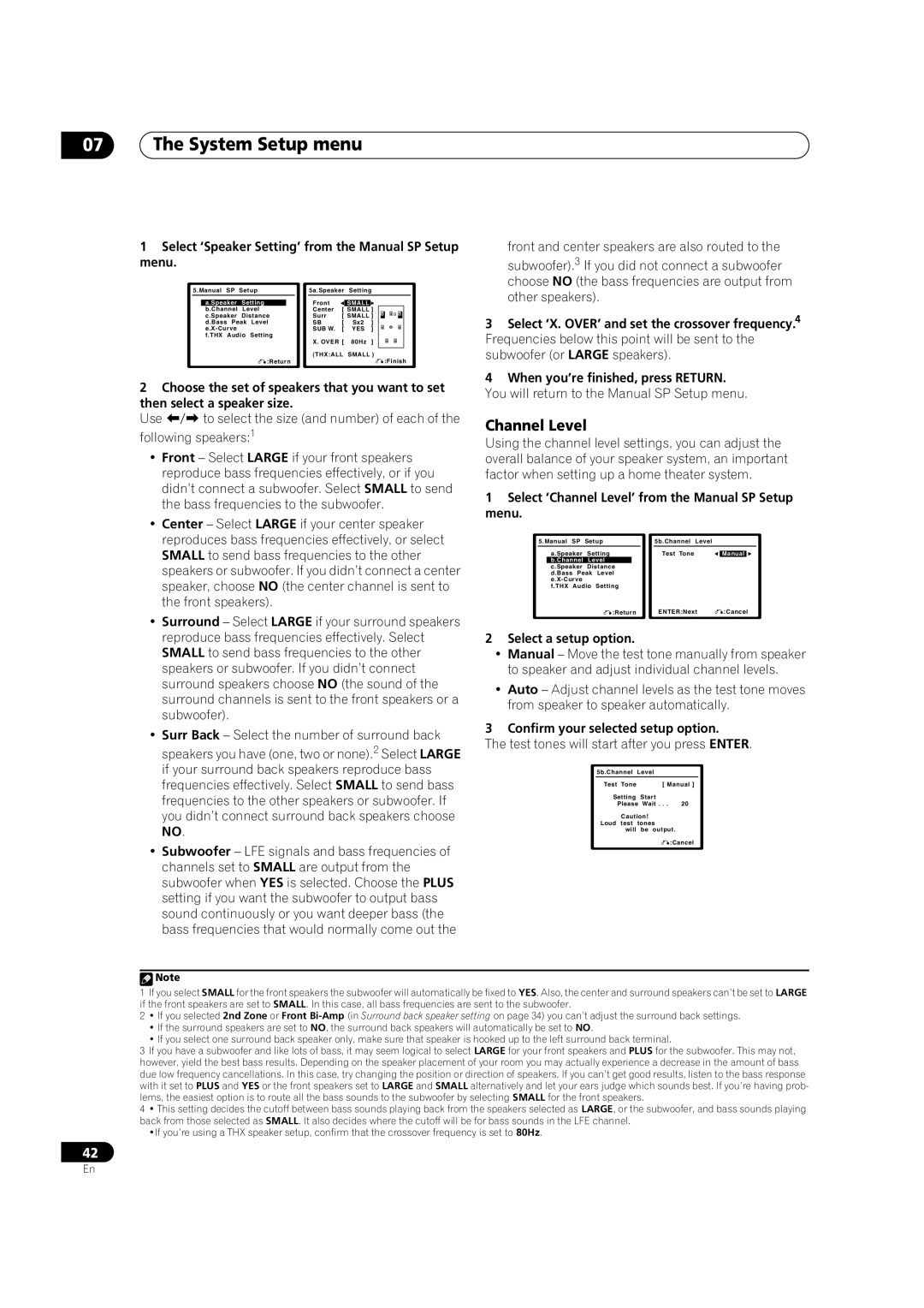 Pioneer VSX-74TXVi-S manual Channel Level, Select ‘Speaker Setting’ from the Manual SP Setup menu, Select a setup option 