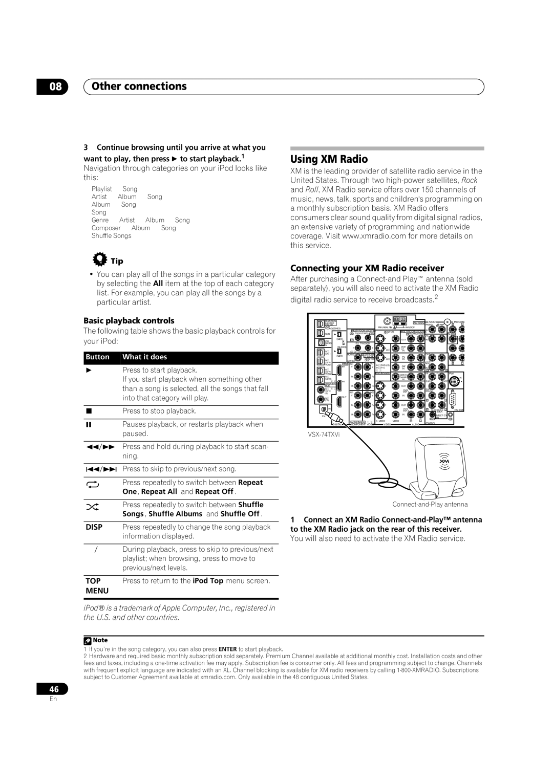 Pioneer VSX-74TXVi-S Other connections, Using XM Radio, Connecting your XM Radio receiver, Basic playback controls, Menu 