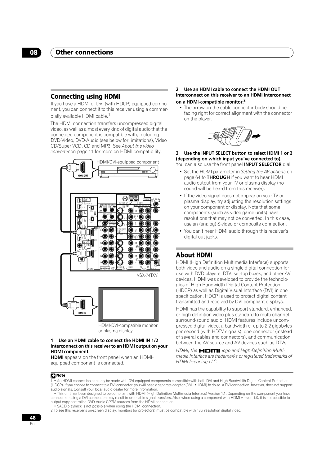 Pioneer VSX-74TXVI, VSX-74TXVi-S, VSX-72TXV-S manual Other connections Connecting using Hdmi, About Hdmi 