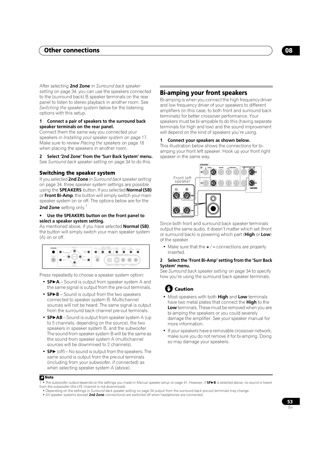 Pioneer VSX-72TXV manual Bi-amping your front speakers, Switching the speaker system, Connect your speakers as shown below 