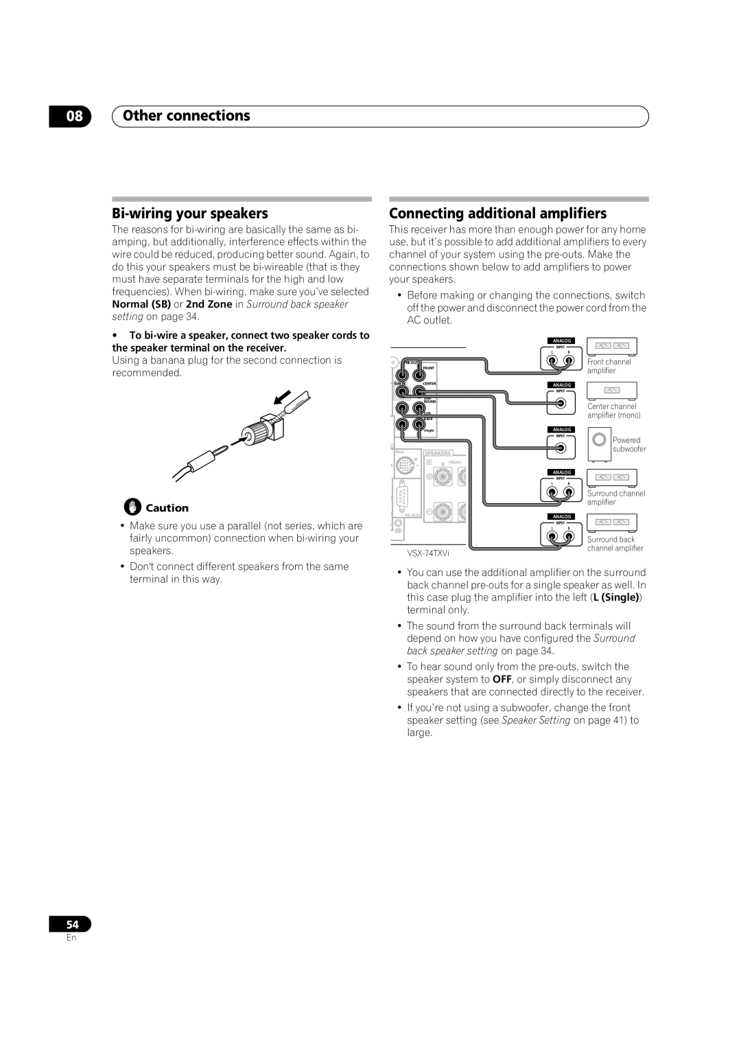 Pioneer VSX-74TXVi-S, VSX-74TXVI, VSX-72TXV Other connections Bi-wiring your speakers, Connecting additional amplifiers 