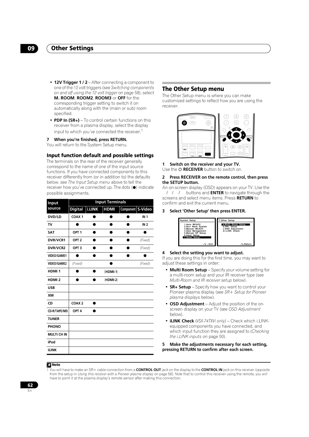 Pioneer VSX-74TXVi-S, VSX-74TXVI, VSX-72TXV Other Settings, Other Setup menu, Input function default and possible settings 