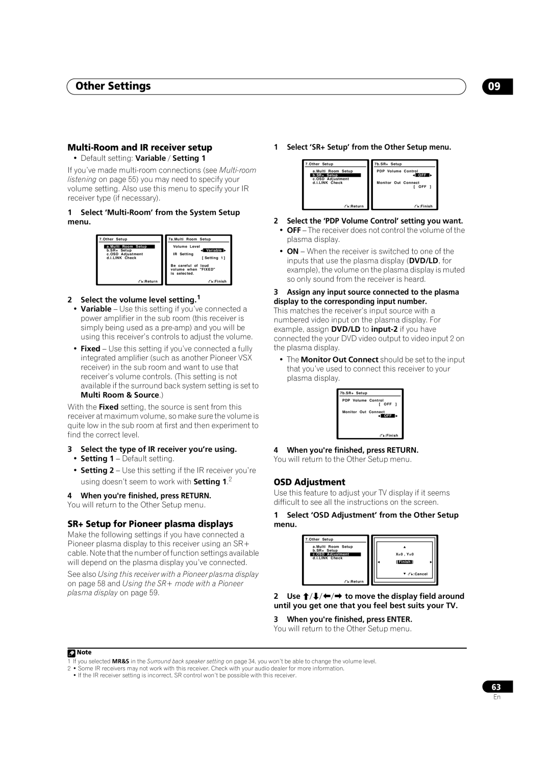 Pioneer VSX-72TXV-S, VSX-74TXVI Multi-Room and IR receiver setup, SR+ Setup for Pioneer plasma displays, OSD Adjustment 