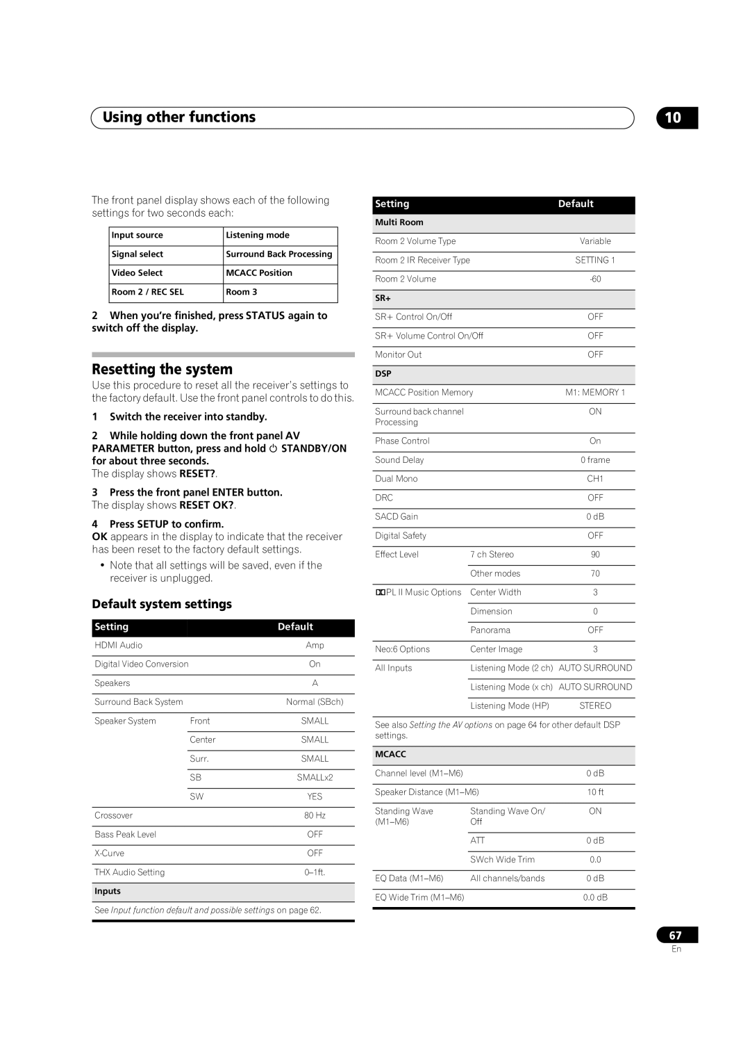 Pioneer VSX-72TXV-S, VSX-74TXVI manual Resetting the system, Default system settings, Display shows RESET?, Setting Default 