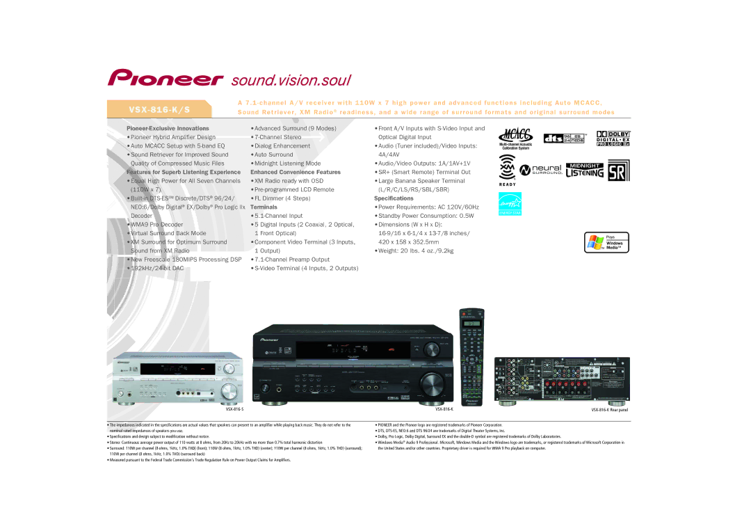 Pioneer VSX-816-S specifications VSX-816-K/S, Pioneer-Exclusive Innovations, C/Ls/Rs/Sbl/Sbr, Specifications, Terminals 